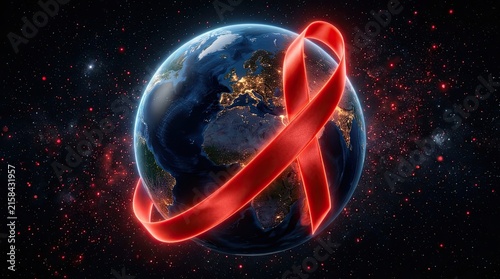 Veterans day red ribbon surrounding planet earth in universe with awareness solidarity campaign remembrance advocacy international connection