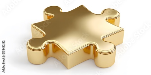 A glossy golden puzzle piece rests on a white background.