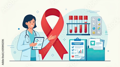 Veterans day healthcare specialist presenting hiv aids awareness red ribbon and medical test results with awareness healthcare laboratory diagnosis medicine
