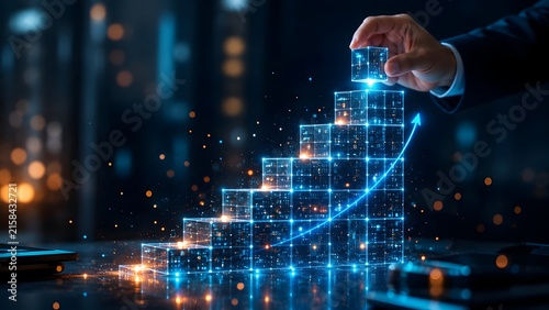 Businessman hand placing glowing digital cube on upward staircase chart with rising arrow for business growth and financial success strategy