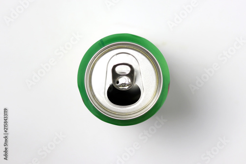 A green aluminum beverage can with an open pull tab, isolated on a white background