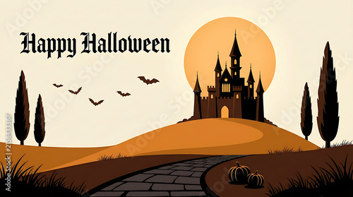Happy halloween greeting card with spooky castle illustration