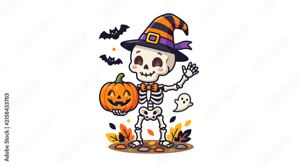 Fototapeta premium Cute Halloween Skeleton with Pumpkin Vector Illustration