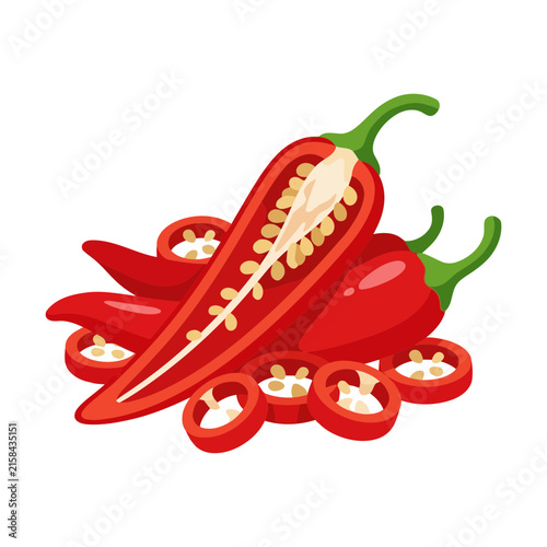 Fresh red chili peppers and slices isolated on white background