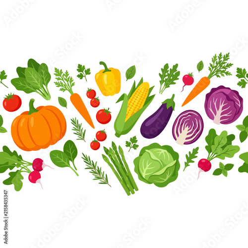 Fresh vegetables and herbs border isolated on white background