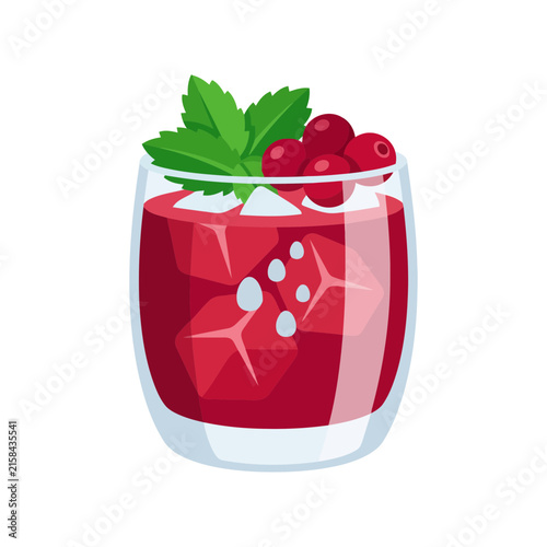 Glass of refreshing cranberry juice with ice cubes and mint leaves isolated on white background