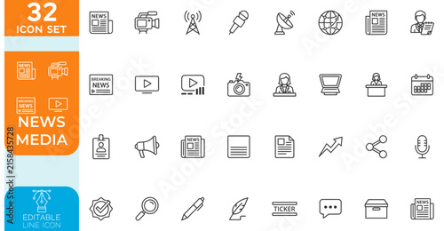 News media line editable Vector illustration icon set. Mass media Linear Icons, Including tv, radio, newspaper, magazine, news, broadcasting, press, interview, journalism and more.