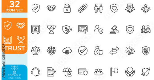 Trust line editable Vector illustration icon set. trustworthy, line icons, including trustworthy, credibility, confidence, integrity, confidence, promise, loyalty, honesty and more.