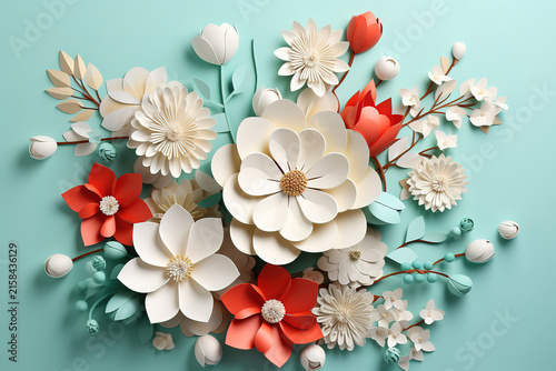 Illustration of Spring Flower Brunch with Spheres on Mint Paper and Beige Backdrop