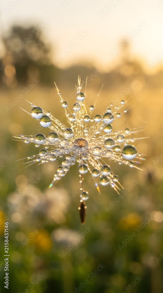 Obraz premium Extreme macro photography of a dandelion seed with dew water drops reflecting landscape at golden hour sunrise.