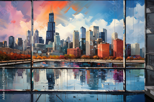 Excellent painting of a city by the sea with the city in the background