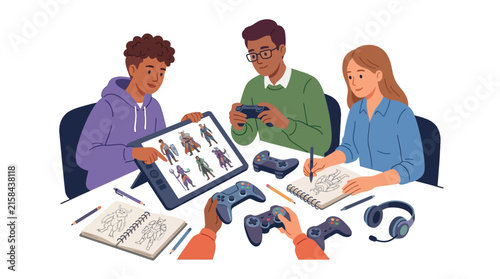 Diverse Game Development Team Collaborating on Character Design and Digital Art Review Flat Vector Illustration