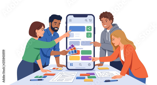 Diverse UI UX design team collaborating on mobile app interface layout during creative studio meeting flat vector illustration