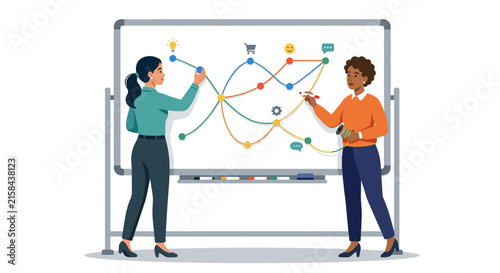 Diverse female UX researchers mapping customer journey on a whiteboard for business strategy flat vector element