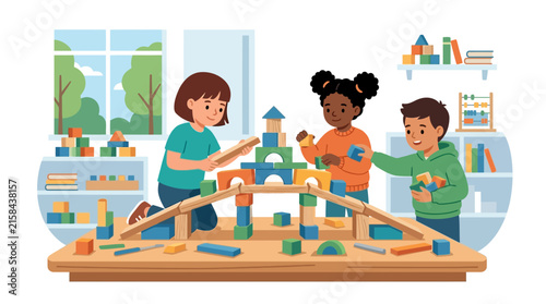 Multicultural children playing with building blocks to create a wooden bridge in a playroom flat vector element.