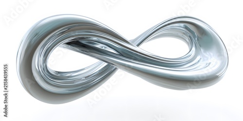A polished silver infinity symbol with smooth, flowing curves reflects light on a white surface.
