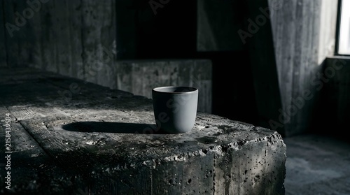 Minimalist Matte Gray Ceramic Cup on Industrial Concrete Surface with Dramatic Morning Side Light