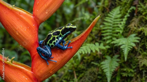 Poison dart frog rests on a vibrant orange heliconia flower