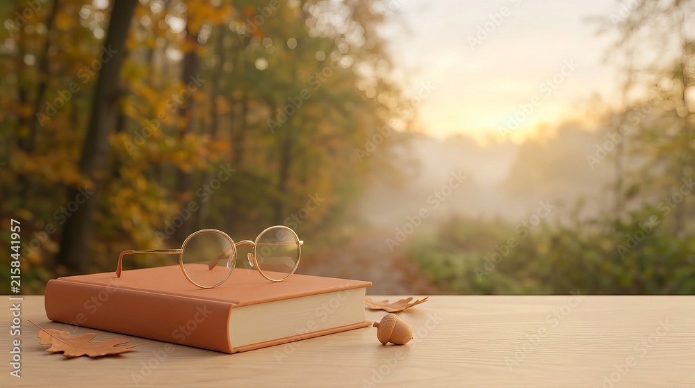 Fototapeta premium Autumn reading: Glasses and books by the fall woods.