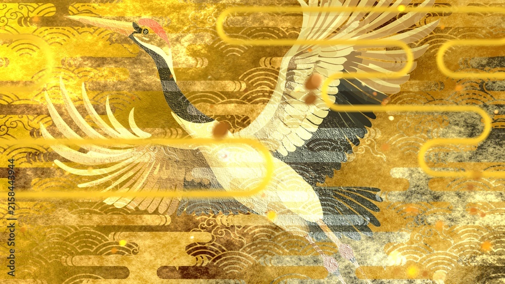 Naklejka premium Japanese Cranes with Gold Leaf and Traditional Auspicious Patterns