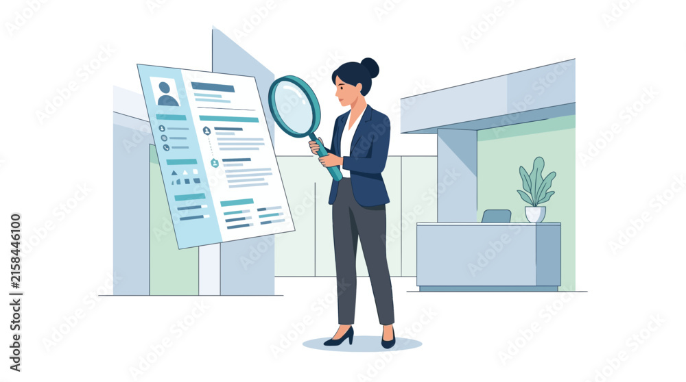 Fototapeta premium Professional HR manager reviewing candidate resume with magnifying glass for recruitment process flat vector illustration