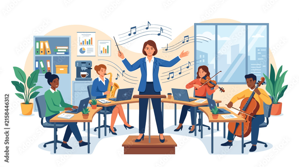 Fototapeta premium Female business leader conducting diverse office team playing musical instruments for workflow harmony flat vector illustration.