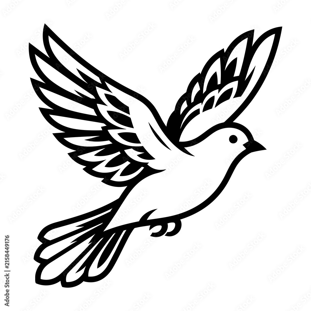 Obraz premium Flying white dove in mid air with spread wings and peaceful expression