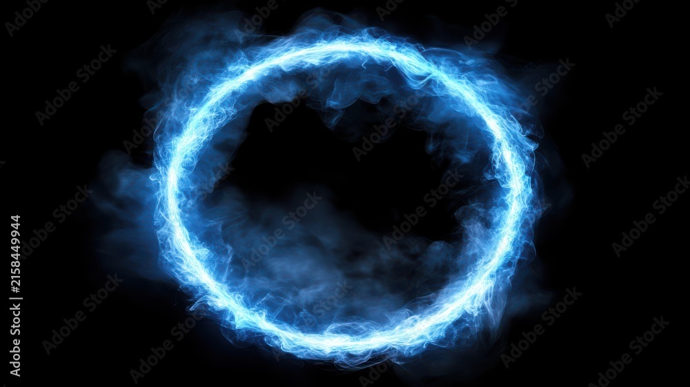 Naklejka premium Abstract glowing blue energy ring with dynamic fiery effects on black background, suitable for technology, innovation, or scientific concepts