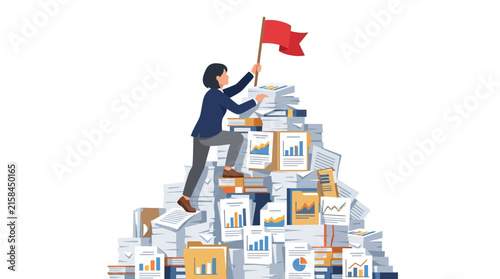 Successful businesswoman climbing a mountain of documents and sales reports to plant a victory flag flat vector element