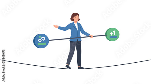 Professional businesswoman balancing on tightrope to manage business risks and growth rewards flat vector element