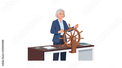 Senior female business leader steering a wooden ship wheel at her office desk for strategic direction flat vector element