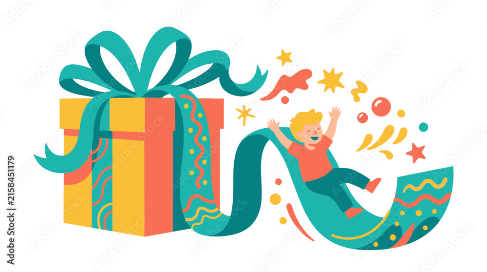 Naklejka premium Exciting Birthday Gift Surprise A Child Joyfully Slides Out of a Magical Present