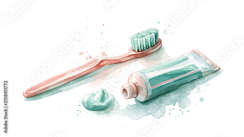 Watercolor Illustration of a Classic Toothbrush and Tube of Toothpaste on White Background