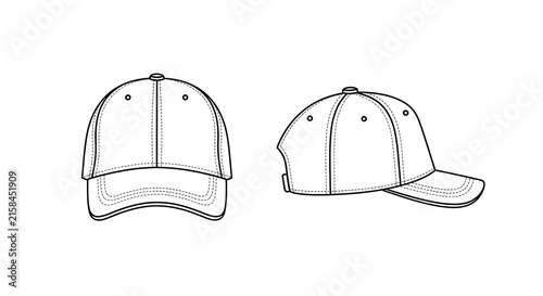 Detailed Baseball Cap Outline Vector Drawing - Front and Side View for Apparel Design and Branding Mockups