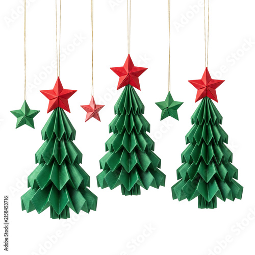 Hanging origami paper Christmas trees and red stars