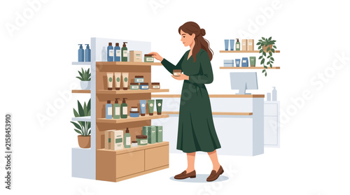 Young woman choosing organic skincare products from retail shelves in modern beauty boutique flat vector illustration