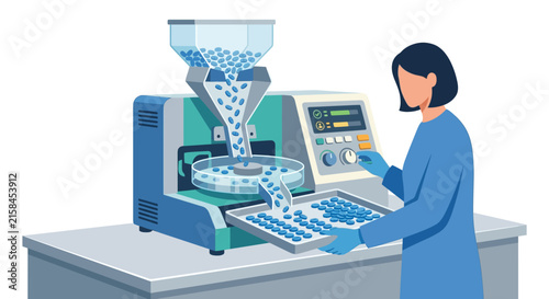 Pharmaceutical technician operating automated medicine counting machine in laboratory flat vector element