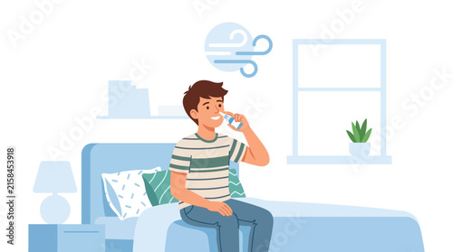 Young man using nasal spray for allergy relief while sitting on bed in modern room flat vector element.