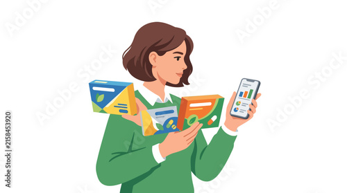 Young woman comparing different medicine packaging while checking smartphone app data flat vector element.