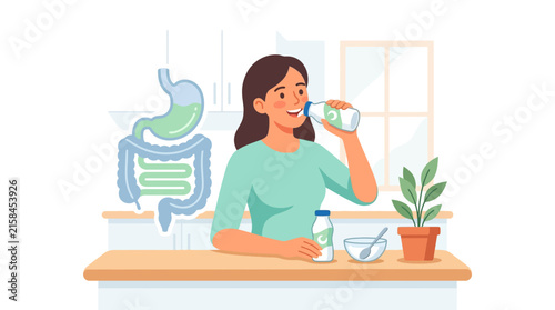 Young woman drinking healthy probiotic yogurt drink for gut health in kitchen flat vector illustration