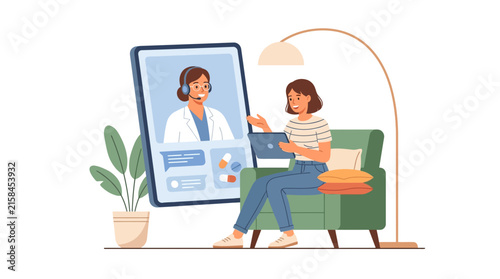 Young woman consulting professional doctor via online video call at home telemedicine flat vector illustration