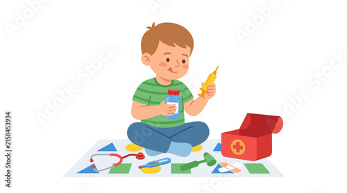 Little boy pretending to be a doctor playing with medical toy kit on play mat flat vector illustration