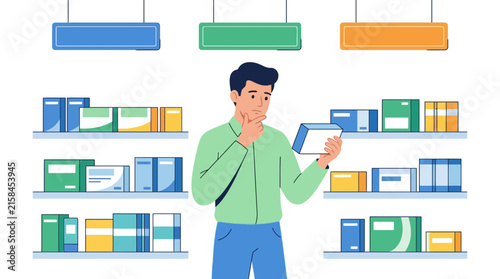 Young man customer comparing medicine products in pharmacy aisle thinking and making choice flat vector element.