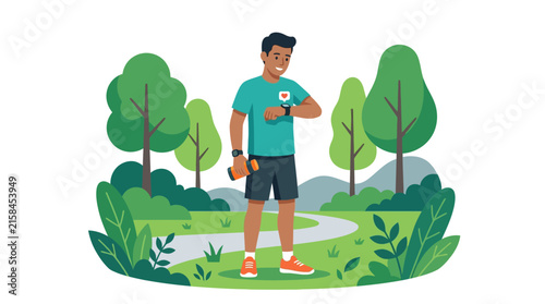 Young fit man monitoring heart rate on smartwatch during outdoor workout in park flat vector illustration.