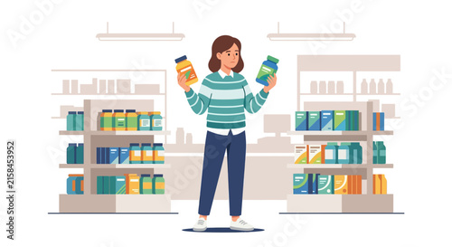 Young Woman Comparing Two Different Medicine Bottles in Pharmacy Aisle Flat Vector Illustration