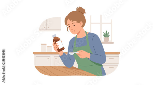 Young mother reading medicine syrup bottle label carefully in kitchen flat vector illustration