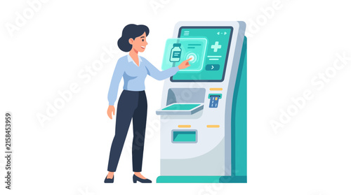 Young woman using interactive medical pharmacy kiosk for digital healthcare services flat vector illustration.