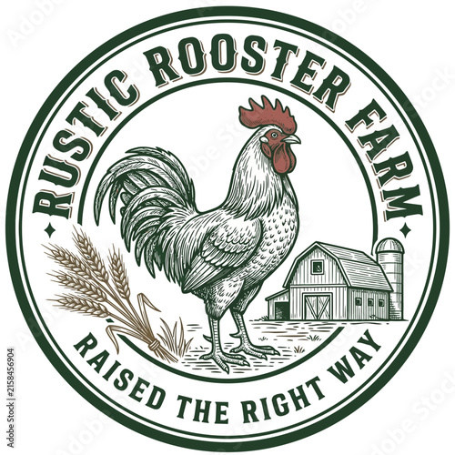 Circular logo displays a proud rooster standing in front of a barn and silo, with wheat stalks and text 'RUSTIC ROOSTER FARM' above and 'RAISED THE RIGHT WAY' below.