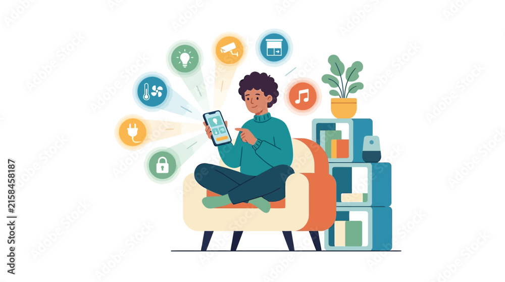 Fototapeta premium Man controlling smart home automation system with mobile app sitting on armchair flat vector illustration