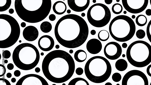Abstract seamless geometric pattern mixing solid black circles and hollow black rings of random sizes on clean white background for modern decorative design
